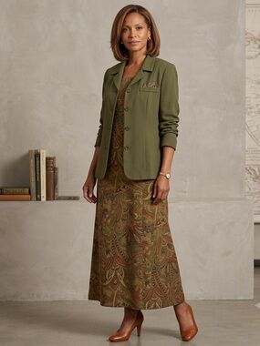 Vintage M.H.M. Melissa Harper Paisley Dress & Jacket Set Size 12 Olive Green